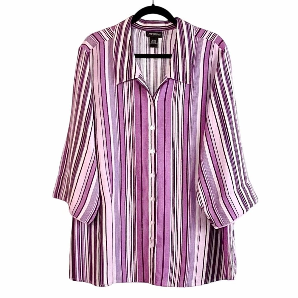 Lane Bryant Button-Up Shirt Size 26/28 Linen Blend Purple & White Striped EUC